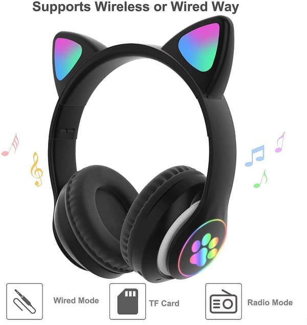 Bluetooth 5.0 Children Cat Ear Led Glowing Wireless Headset Noise Reduction Headset Black