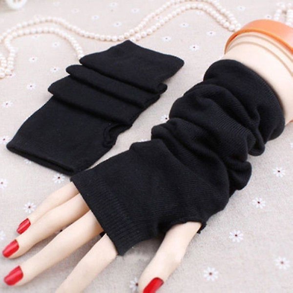 womens Wrist Warm Long Fingerless Stretch Gloves Sleeves Mittens Black