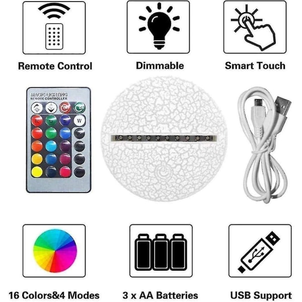 3D Lamps with Remote Control, LED Lamp 16 Color Light Dimmable Touch Switch USB / Battery Insert