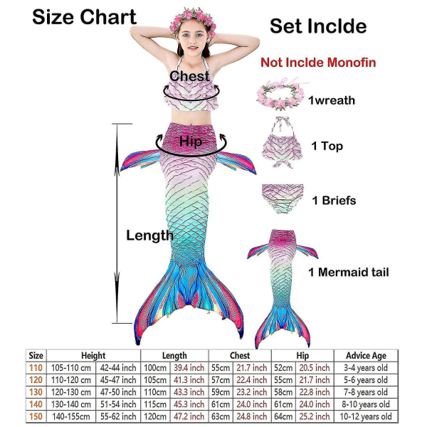 Kids Girls Mermaid Tail Bikini Set Swimwear Swimsuit Swimming Costume Included Garland Headband Color 3 6-7Years