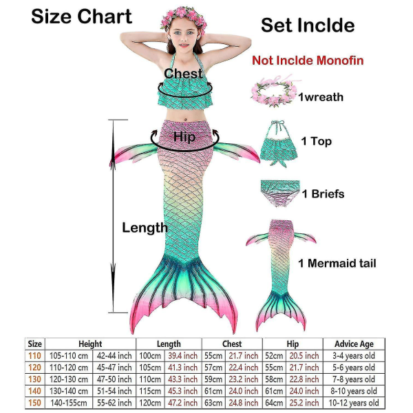 Kids Girls Mermaid Tail Bikini Set Swimwear Swimsuit Swimming Costume Included Garland Headband Color 2 8-9Years