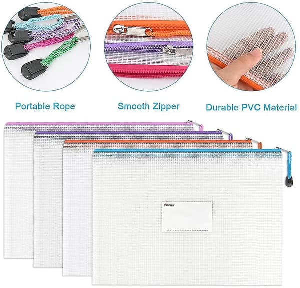 A4 Plastic Zip File Document Folders With Label Pocket, 12 Pack Plastic File