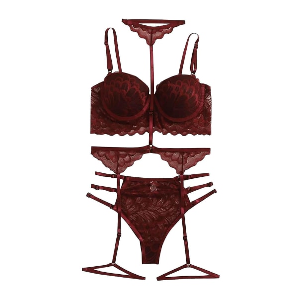 Women Sexy Solid Color Bralette Panty Strappy Lace Embroidery Lingerie Set Wine M