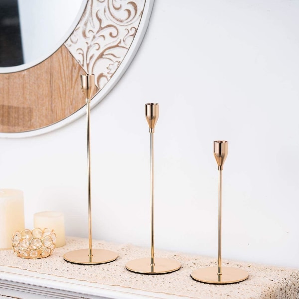 Gold Candlestick Holders Taper Candle Stand, Set Of 3 Candle Stick Holders Set, Brass Gold
