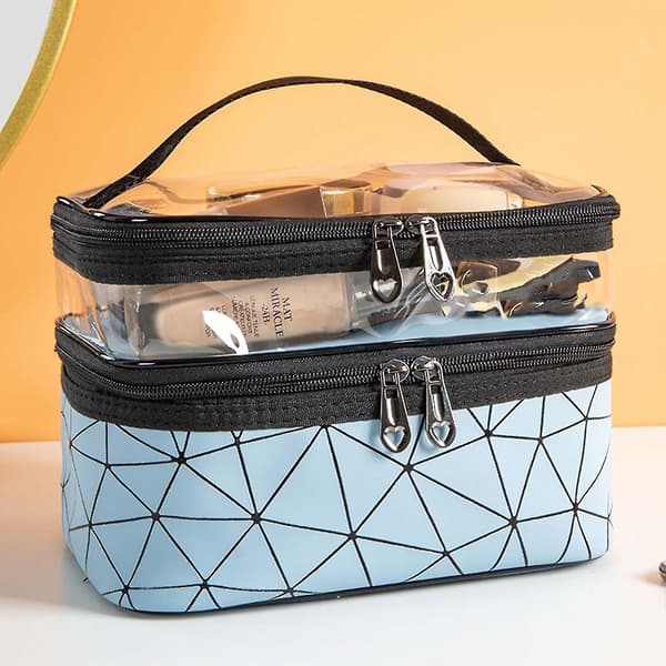 Large Cosmetic Case Makeup Bag Storage Box Handle Organizer blue