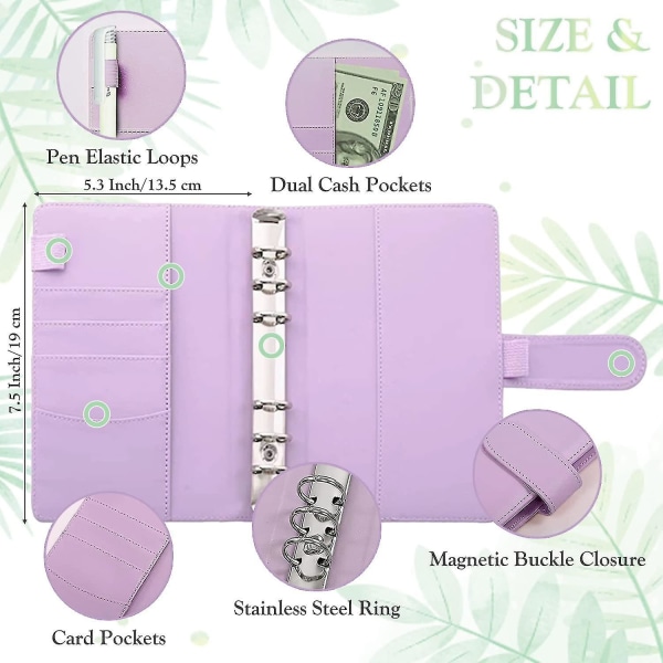A6 PU Leather Notebook Binder Budget Planner Organizer 6 Ring Binder Cover  with 10*Binder Pockets Purple 