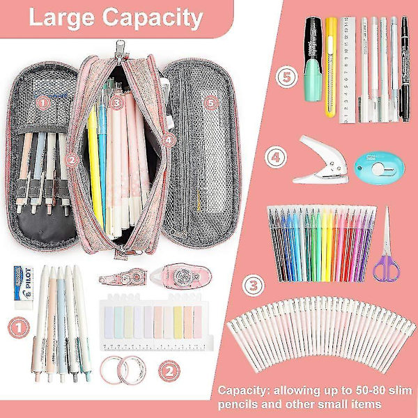 Large Capacity Pencil Case Pouch Pen Holder 3 Compartments