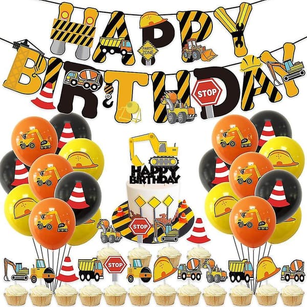 Engineering Vehicle Birthday Theme Pull Flag Cake Insert Balloon Set Excavator Banner Party Decoration Supplies Engineering Vehicle 1 Set Pull Flag 1