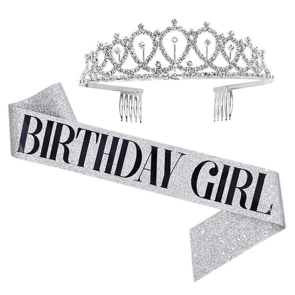 Women Ladies Birthday Queen Tiara And Sash Crystal Crown Headband Shoulder Strap Set Silver GIRL