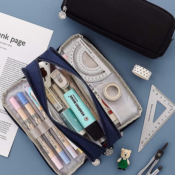 Large Pencil Case, Durable Pen Pouch With Big Capacity, Minimalist Blue