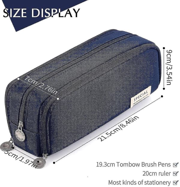 Large Pencil Case Big Capacity 3 Compartments Canvas Pencil Pouch For Students navy