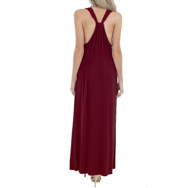 Ladies Sleeveless Deep V-neck Loose Solid Color Long Casual Backless Dress Wine Red M