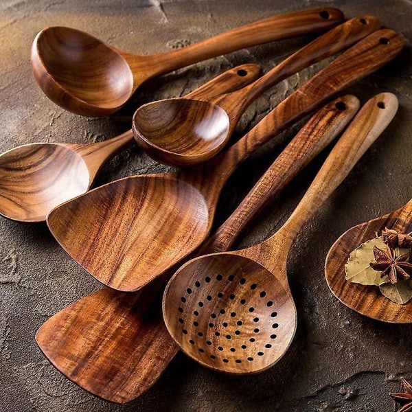 7pcs/set Teak Natural Wood Tableware Spoon Ladle Turner Rice