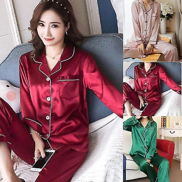 Ladies Fashion Silk Satin Long Sleeve Pajamas Pajama Set Two Piece Set blue M