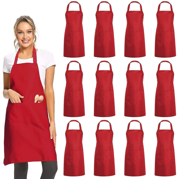 12 Pack Plain Bib Aprons With 2 Pockets - Red Unisex Commercial Apron Bulk For Kitchen Cooking Restaurant Bbq Painting Crafting