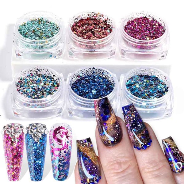 6pcs Nail Sequins Stylish Thin Plastic Shiny Nail Glitter Powder For Home 8