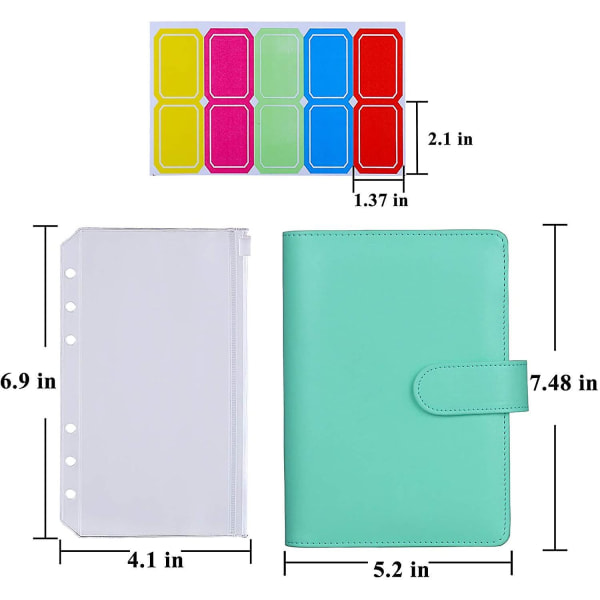 12pcs A6 Binder Pockets Loose Leaf Bags 6 Ring Binder Cash Budget Envelopes System, A6 Pu Leather Binder Set Green