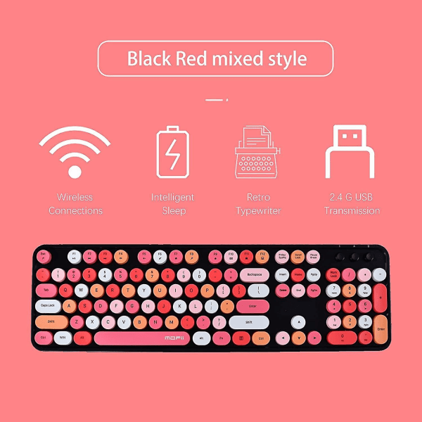 Wireless Keyboard And Mouse Combination, 2.4g Usb Ergonomic Keyboard, Cute Round Retro Typewriter Keycaps, (red Mixed Style Keyboard + Mouse)