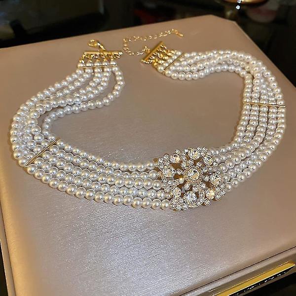 1920s Delicate Boho Rhinestone Pearl Choker Necklace Chain Layered Choker Pendant Necklace Prom Part