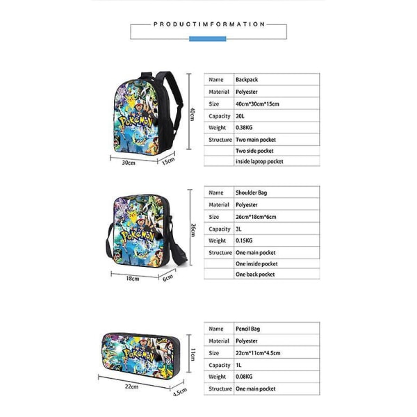 3pcs Pokmon Schoolbag Pikaqiu Backpack Polyester Comfortable Lightening Children's Bag 16