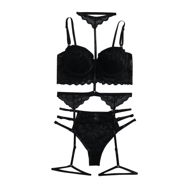 Women Sexy Solid Color Bralette Panty Strappy Lace Embroidery Lingerie Set Black S