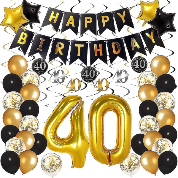 40th Birthday Decorations For Men Women, Black And Gold Party Decorations Kit - Happy Birthday Banner Black And Gold Balloons Confetti Balloons Swirls