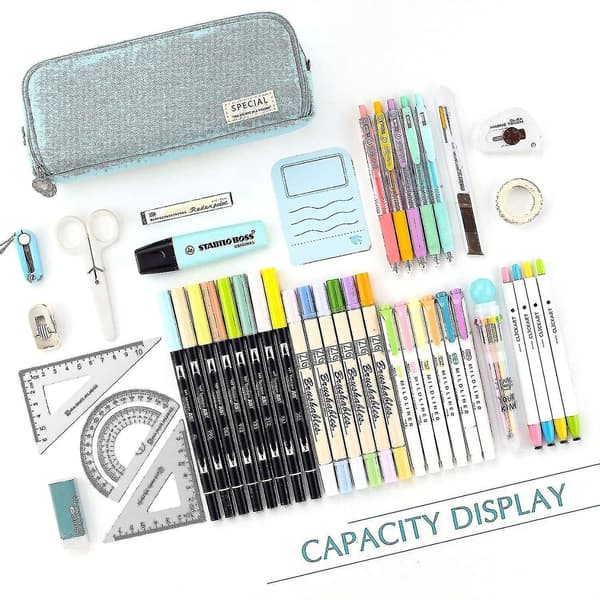 Large Pencil Case Big Capacity 3 Compartments Canvas Pencil Pouch For Students blue