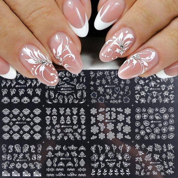 Flowers Nail Decals, 3d Self-adhesive White Floral Nail Art Stickers French Hollow Flower Leaf Nail Art Designs Manicure Tips Accessories Diy Nail Art