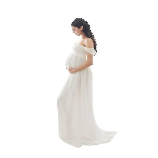 Maternity Dress For Photography Off Shoulder Chiffon Gown Split Front Maxi Pregnancy Dresses Baby Shower Dress Pregnancy Dresses For Photo Shoot White L