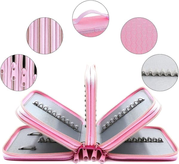 72 Slots 4-layer Zipper Pencil Case With Handle Strap, Oxford Fabric pink