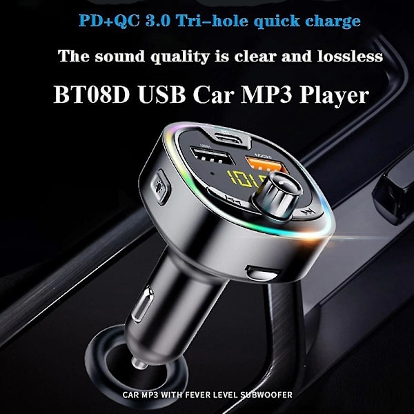 Bluetooth FM -lähetin autoon, QC3.0 & 7 värin LED-taustavalaistu autoradio Bluetooth -sovitin musiikkisoitin handsfree-autosarja SD-korttipaikalla