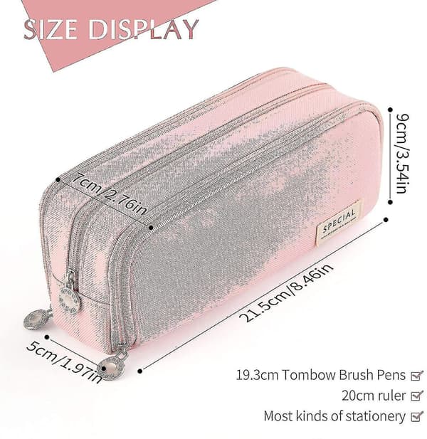 Large Pencil Case Big Capacity 3 Compartments Canvas Pencil Pouch For Students pink