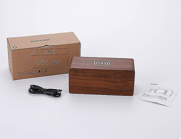 Wooden Digital Alarm Clock Wireless Charging With Date Temperature Humidity