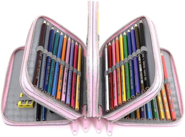 72 Slots 4-layer Zipper Pencil Case With Handle Strap, Oxford Fabric pink