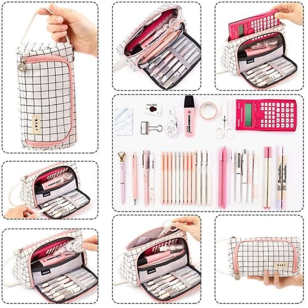 Pencil Case Large Capacity Pencil Pouch Makeup Canvas Stationery Bag With Zipper (black Plaid, 20x11x10cm)