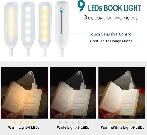 9 Led Reading Light, Rechargeable Reading Light Lamp In 3 Brightness Modes (cool White/warm Yellow)