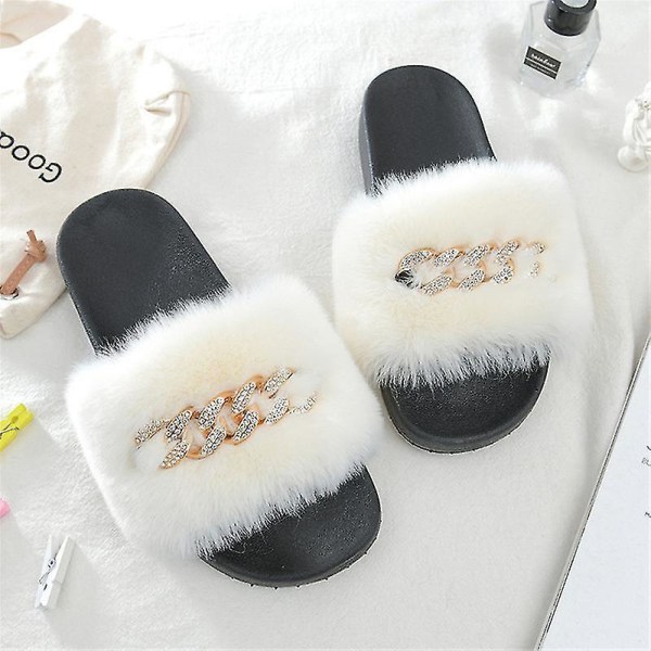 Women's Fluffy Faux Fur Slippers Comfy Open Toe Slides With Fle BEIGE 36