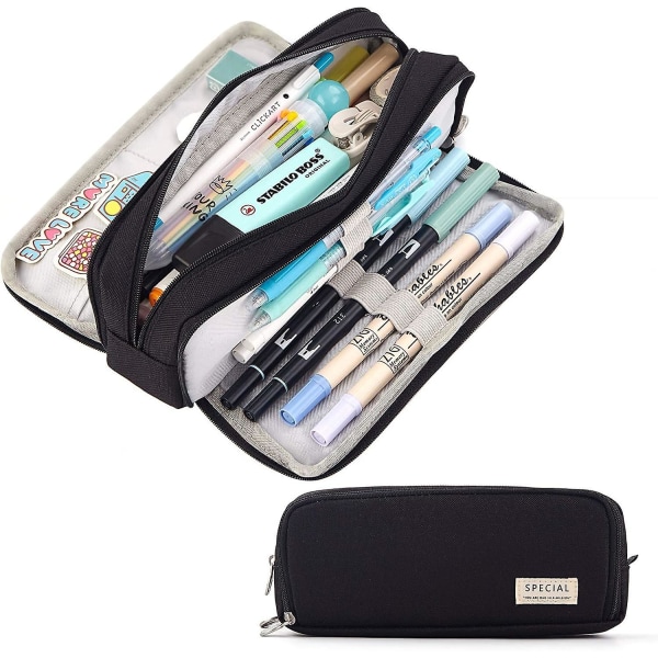 Large Capacity Pencil Case 3 Compartment Pouch Pen Bag For School Teen Girl Boy Men Women (black)
