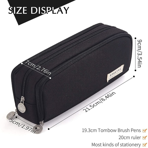 Large Capacity Pencil Case 3 Compartment Pouch Pen Bag For School Teen Girl Boy Men Women (black)