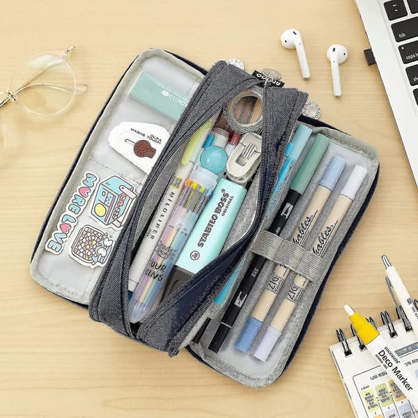 Large Pencil Case Big Capacity 3 Compartments Canvas Pencil Pouch For Students navy