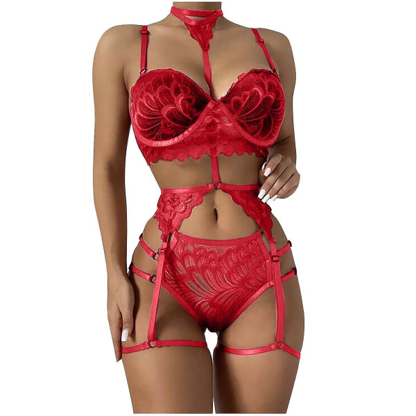 Women Sexy Solid Color Bralette Panty Strappy Lace Embroidery Lingerie Set Red L
