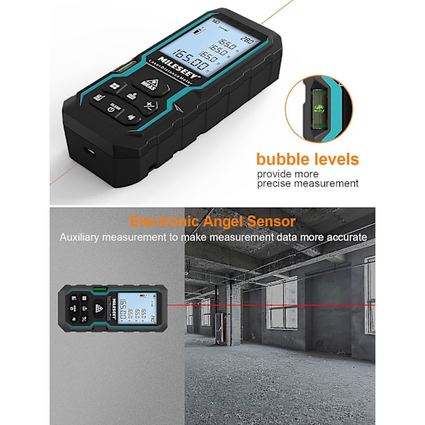 Digital Laser Afstandsmåler, 50m/165ft Lasermåler Med Elektronisk Niveau & LCD-baggrundsbelysning, Ip54 M/in/ft/ft+in Pythagoras Måleafstand Overflade V