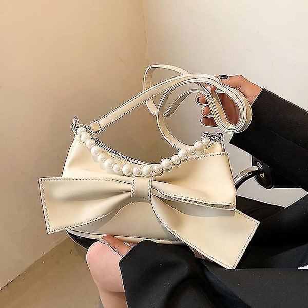 Ladies Handbag, Pearl Handle Design, Bow 21 * 15 * 7c () White