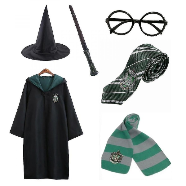 Harry Potter 6pc Set Magic Wizard Cosplay Fancy Dress Cape Cloak Costume green 125cm