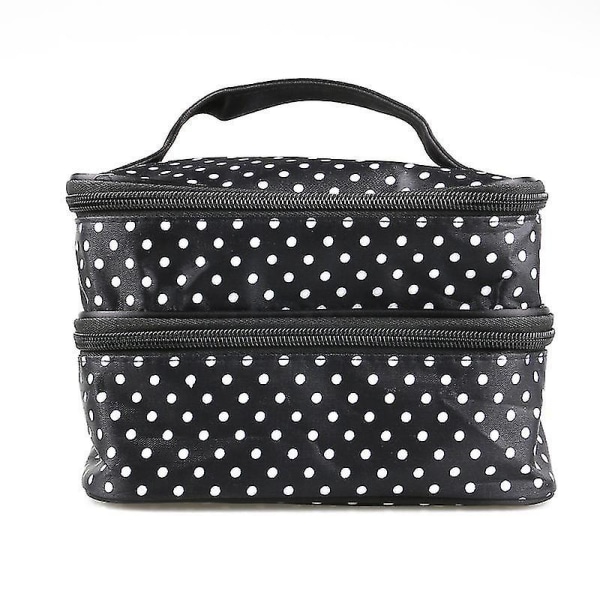 Handheld Women's Girls Polka Dotted Two-layer Cosmetic Makeup Bag Zipper Pouch Toiletry Bag Organizer (black)
