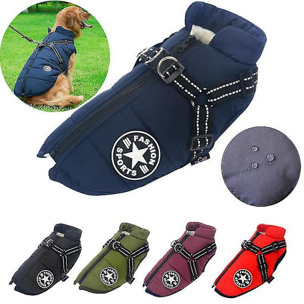 Large Pet Dog Jacket With Harness Winter Warm Dog Clothes red M