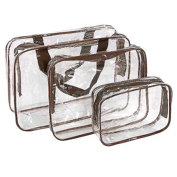 3 Pieces Crystal Clear Portable Travel Cosmetic Bag Makeup Toiletry Wash Bag Holder Pouch Set Brown