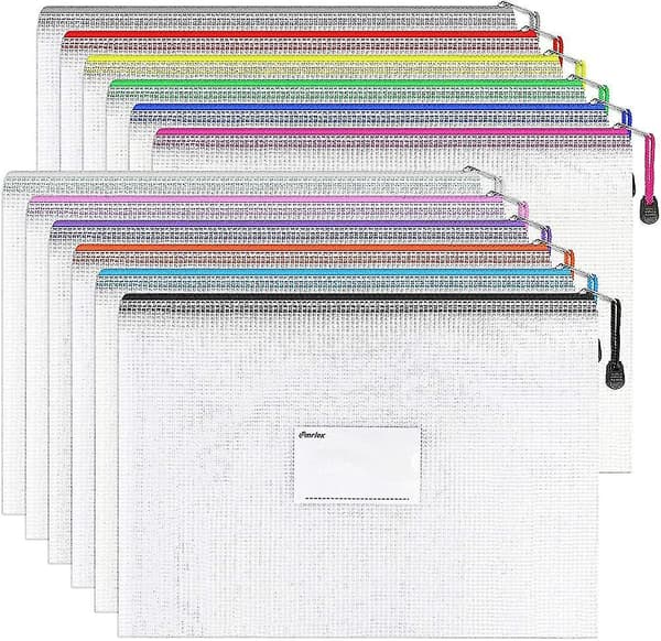 A4 Plastic Zip File Document Folders With Label Pocket, 12 Pack Plastic File