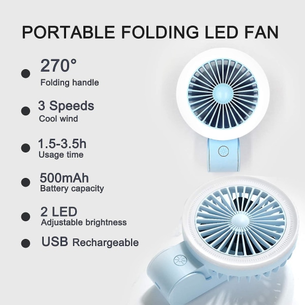 Mini Handheld Fan With Led Light, Adjustable Usb Rechargeable Small Portable Personal Fan Foldable Stroller Desk Table Fan For Kids Girls Wo