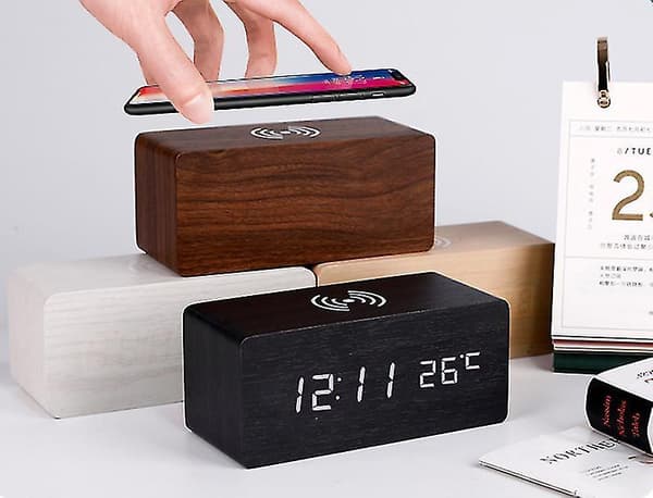 Wooden Digital Alarm Clock Wireless Charging With Date Temperature Humidity
